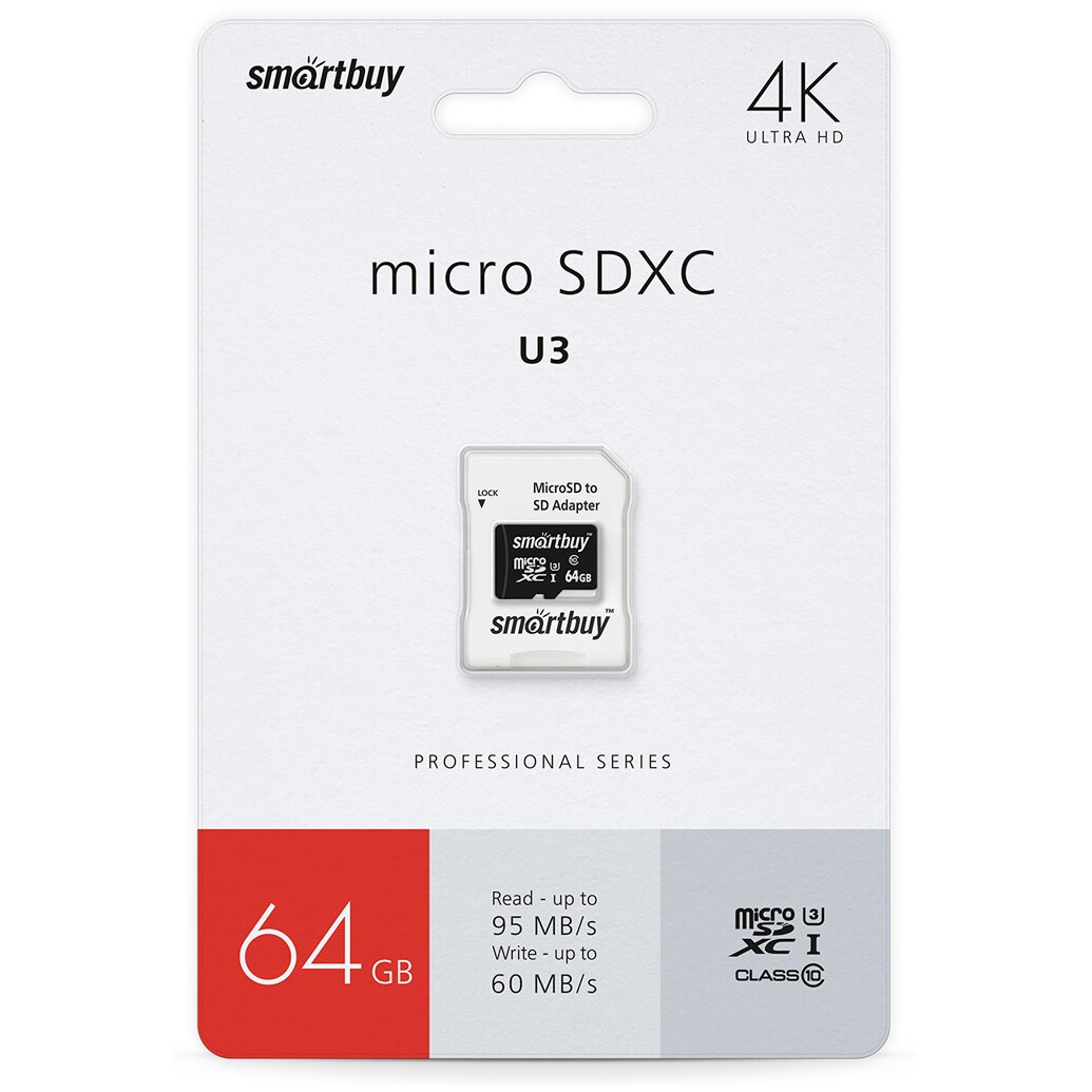 Карта памяти 64GB MicroSD SmartBuy + SD адаптер (SB64GBSDCL10U3L-01)