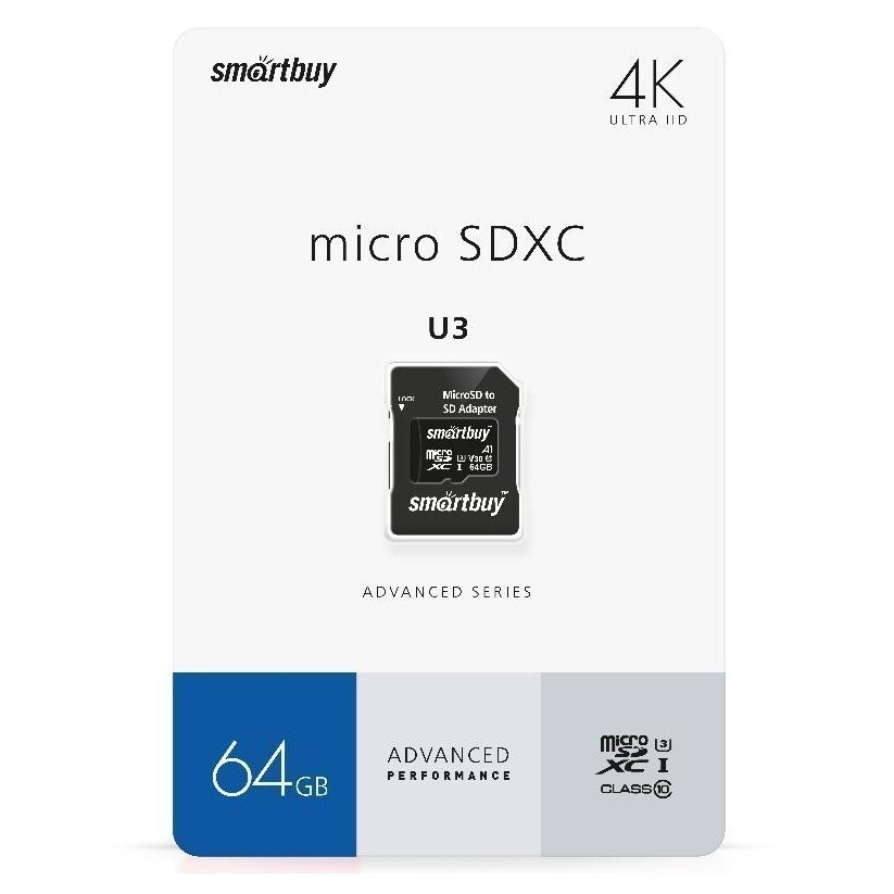Карта памяти 64GB MicroSD SmartBuy + SD адаптер (SB64GBSDU1A-AD)