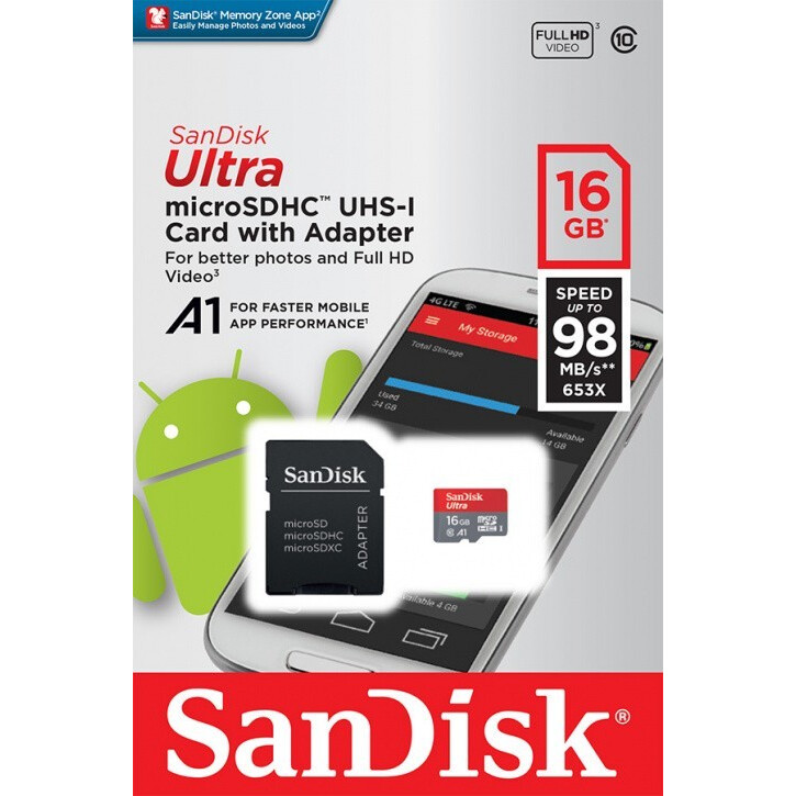 Карта памяти 16GB MicroSD SanDisk Ultra + SD адаптер (SDSQUAR-016G-GN6MA)
