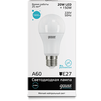 Светодиодная лампочка Gauss Elementary A60 4100K (20 Вт, E27) - 23229 - фото 2