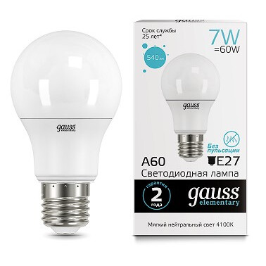 Светодиодная лампочка Gauss Elementary A60 4100K (7 Вт, E27) - 23227A
