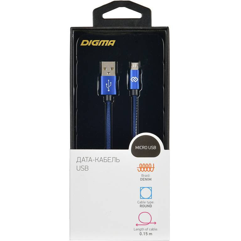 Кабель USB A (M) - microUSB B (M), 0.15м, Digma MICROUSB-0.15M-BL - фото 3
