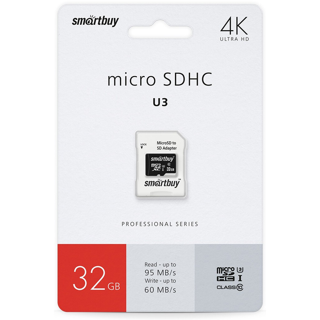 Карта памяти 32GB MicroSD SmartBuy + SD адаптер (SB32GBSDCL10U3L-01)