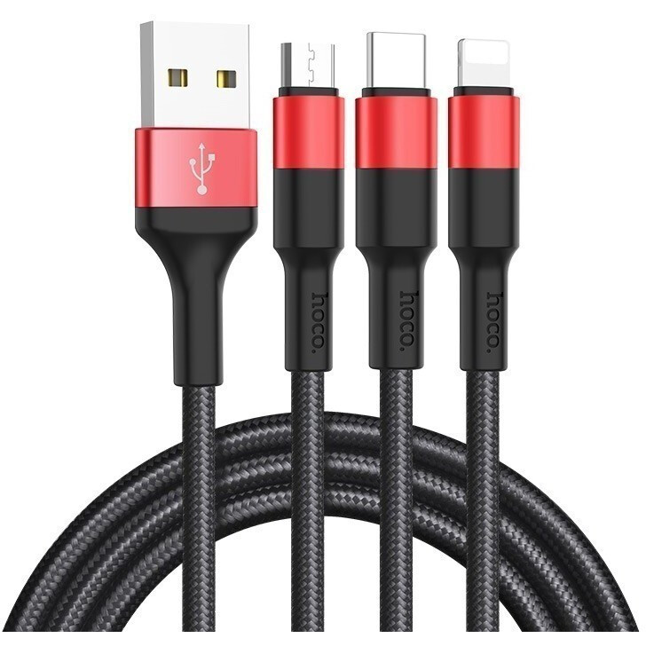 Кабель USB - microUSB/USB Type-C/Lightning, 1м, HOCO X26 Xpress Black/Red