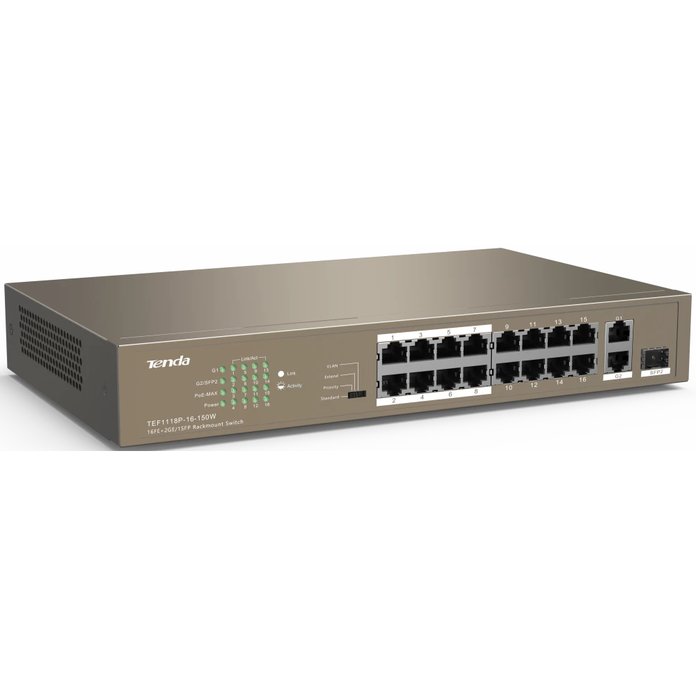 Коммутатор (свитч) Tenda TEF1118P-16-150W - фото 2