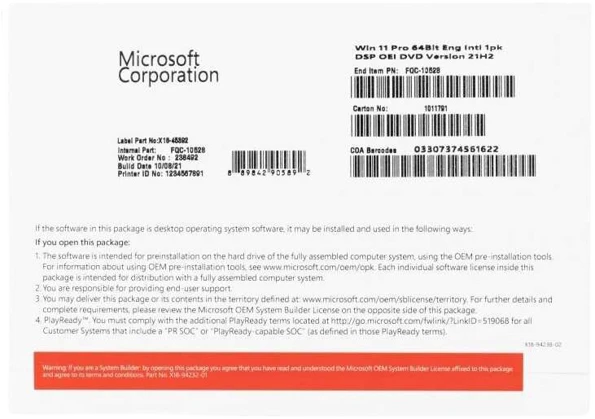 Microsoft Windows 11 Pro 64-bit English Intl 1pk DSP OEI DVD