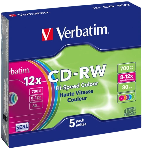 Диск CD-RW Verbatim 700Mb 10x Colour Slim Case (5 шт.)